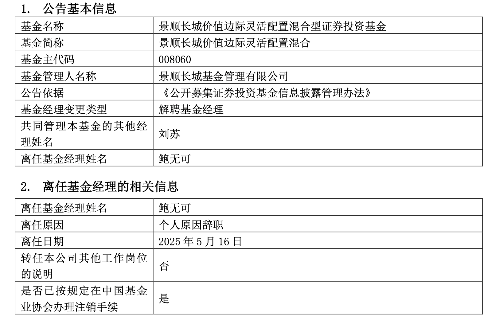 又一知名基金经理离任：景顺长城基金鲍无可因个人原因