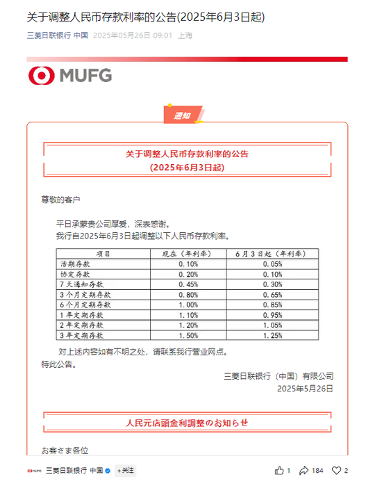 本轮存款降息快速扩散，不到一周三菱日联银行打响外资